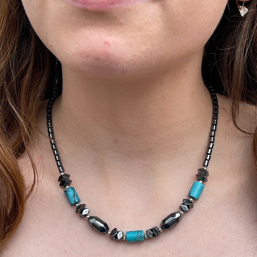 17” Unisex Hematite & Turquoise Bead Necklace